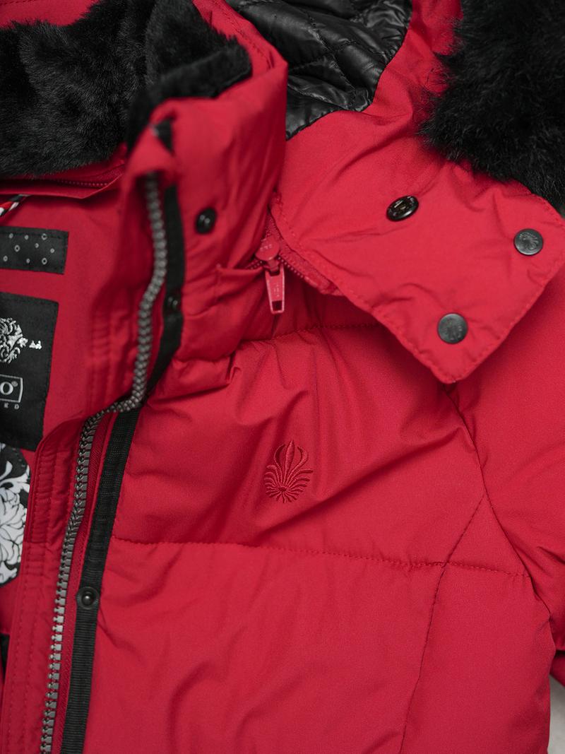 Kurtka zimowa damska długa pikowana ciemno-czerwona OZONEE O/W377