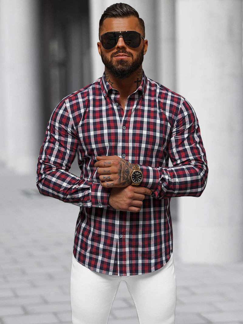 Koszula męska w kratę bordowa OZONEE O/V98