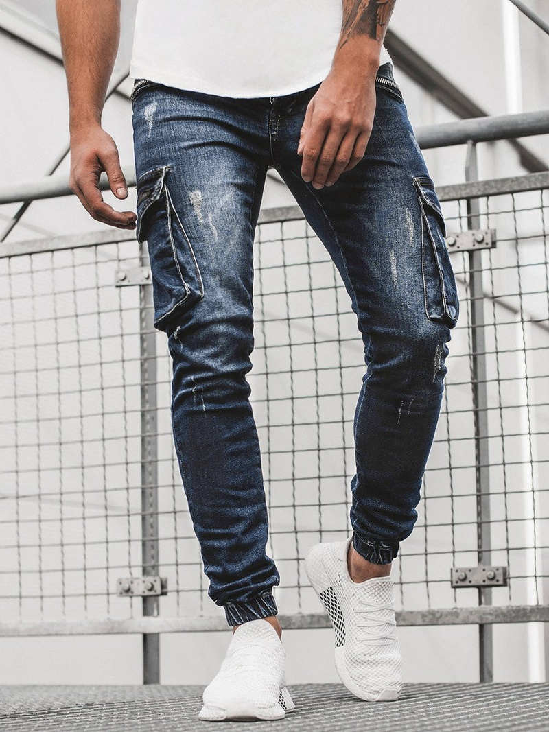 Spodnie jeansowe joggery męskie ciemno-niebieskie OZONEE G/3002