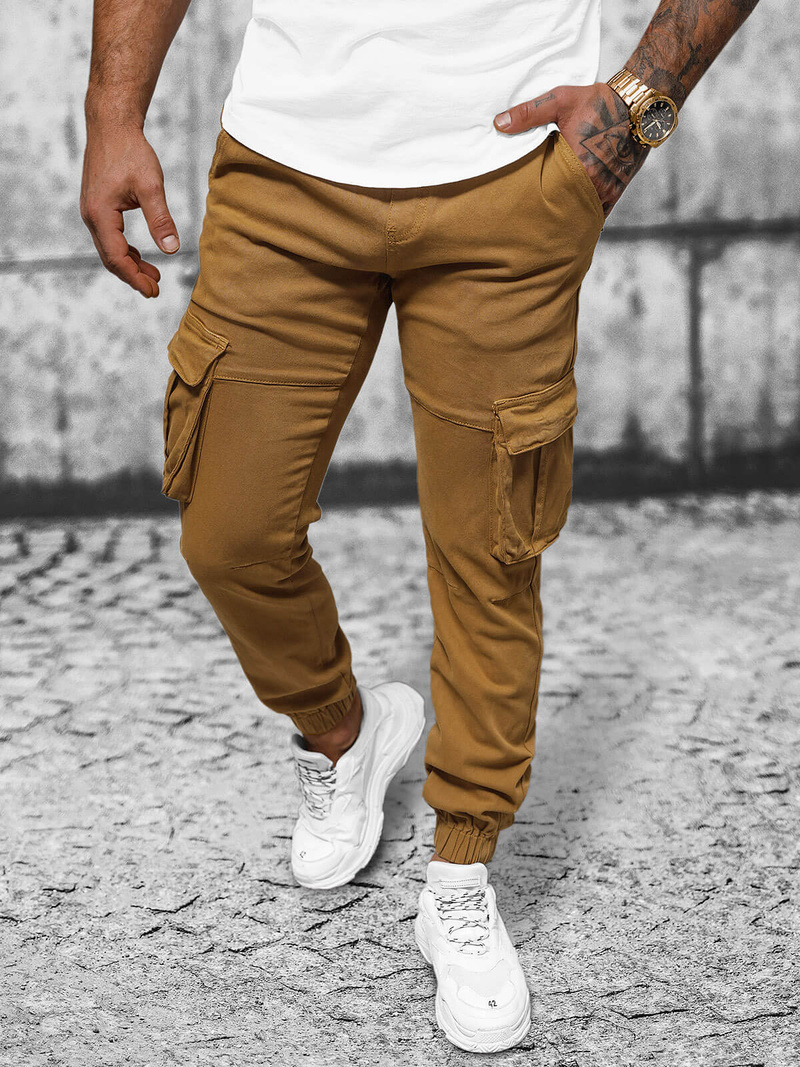 Spodnie męskie chino joggery ciemno-camelowe OZONEE NB/MP0105KSZ