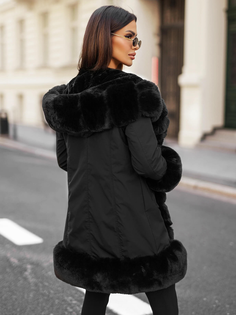 Kurtka zimowa damska długa z futerkiem czarna OZONEE JS/11Z8089Z