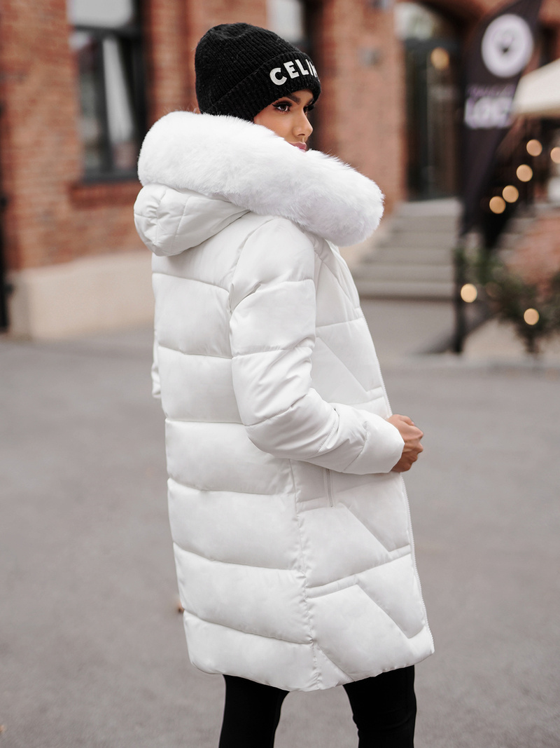Kurtka zimowa damska długa z futerkiem biała OZONEE JS/16M9099/281