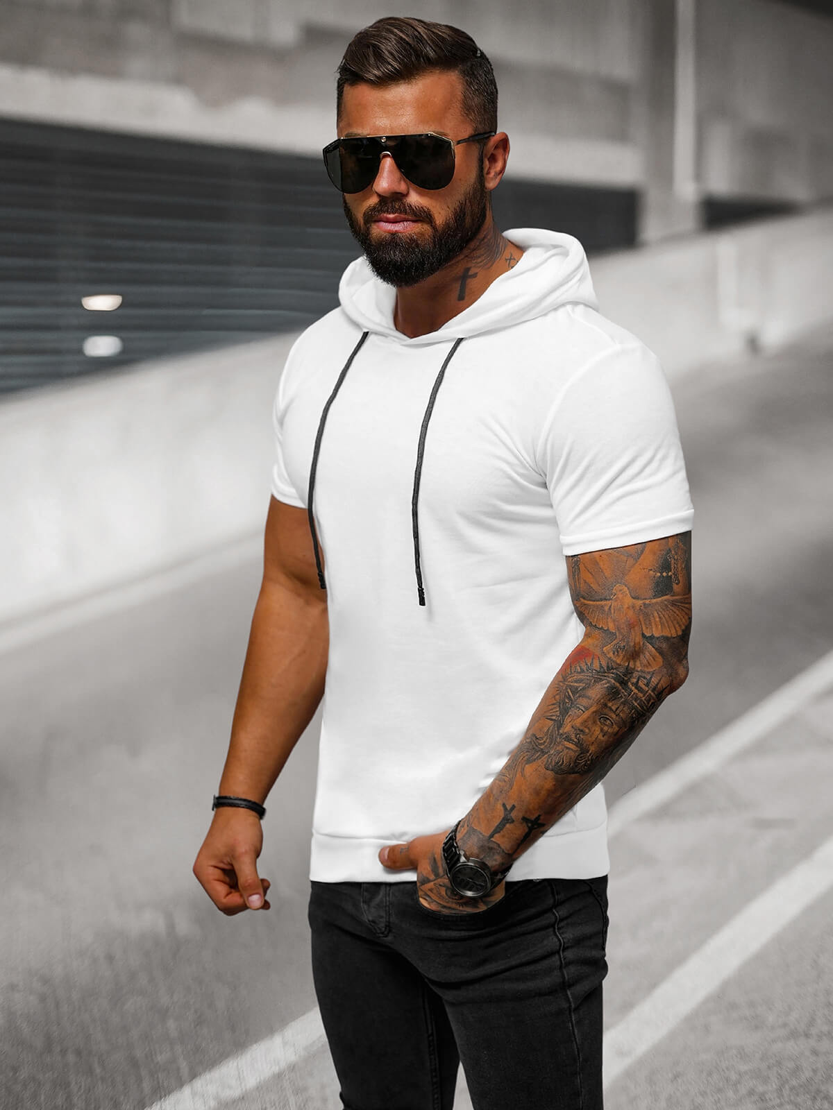 T-shirt męski z kapturem biały OZONEE JS/8T955/1 | OZONEE T-shirt męski z kapturem biały OZONEE JS/8T955/1 | OZONEE