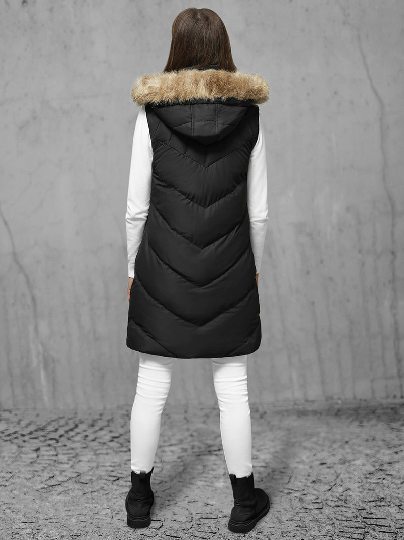 Kamizelka damska długa pikowana z futerkiem czarna OZONEE JS/M787/392