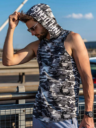 Koszulka bez rękawów z kapturem męska szary-moro OZONEE O/2537 