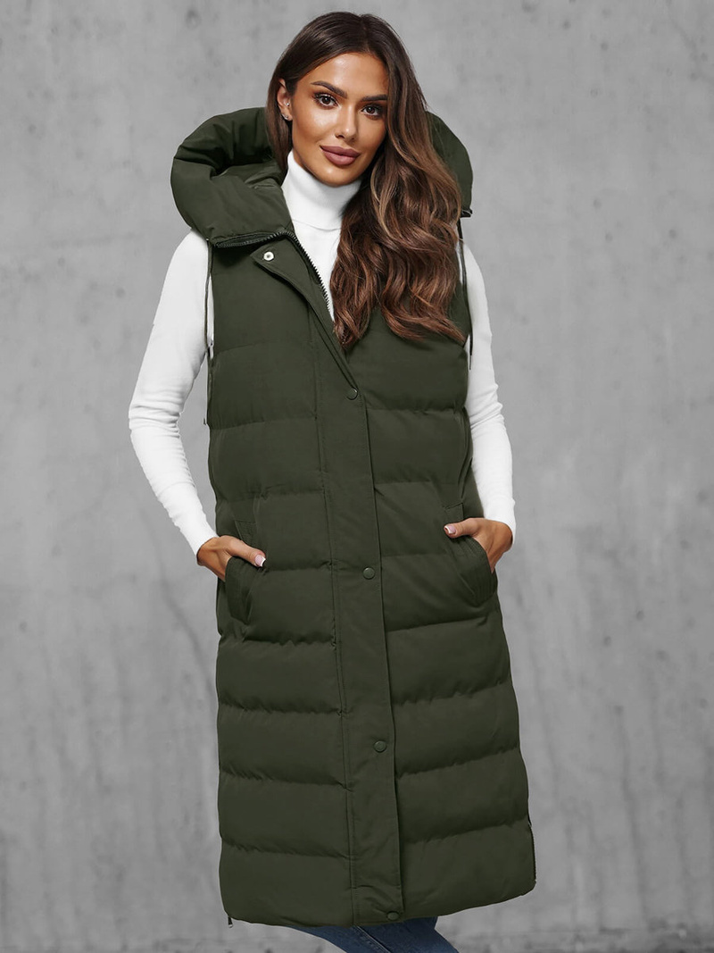 Kamizelka damska długa pikowana ciemno-zielona OZONEE JS/5M3157/136