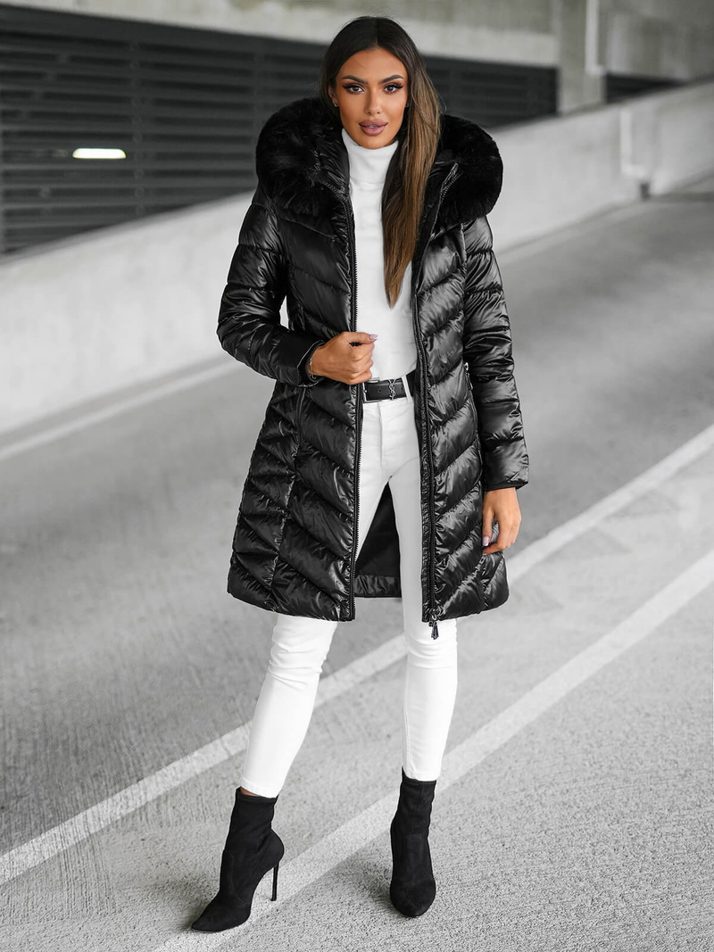 Kurtka zimowa damska długa z futerkiem czarna OZONEE JS/16M9100/392Z