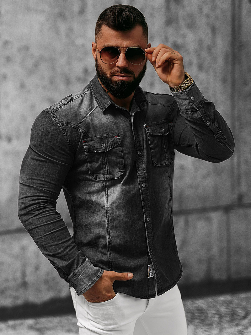 Koszula męska jeansowa czarna OZONEE NB/MC701NZ