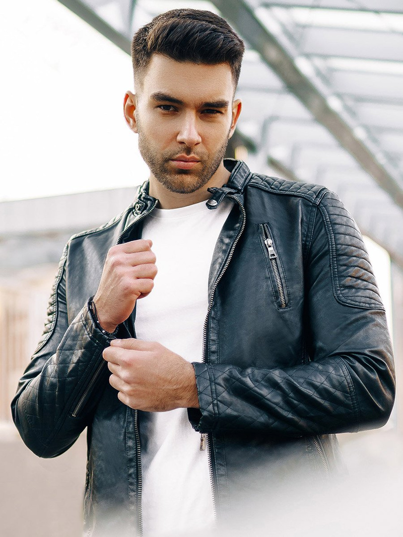 Чоловіча шкіряна куртка Чорна OZONEE YD/BF5916309Z