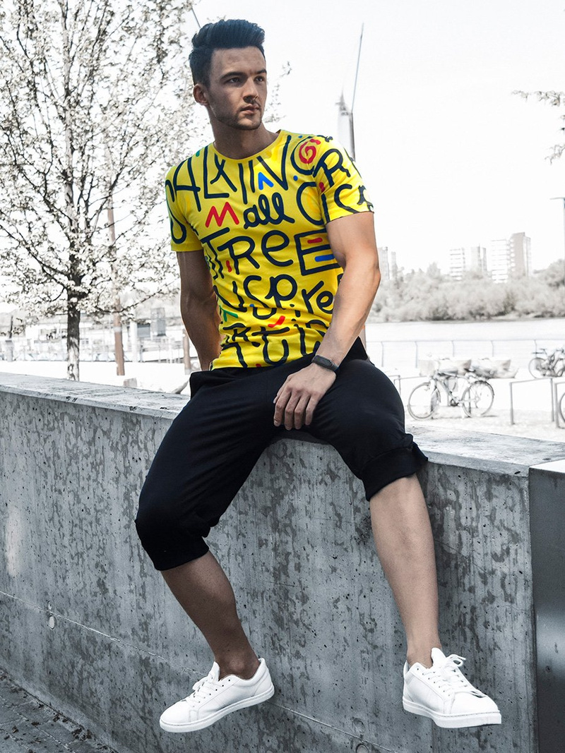 T-Shirt męski z nadrukiem żółty OZONEE MR/21518