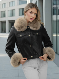 Kurtka skórzana damska z futerkiem czarno-beżowa OZONEE JS/61M8513/392B