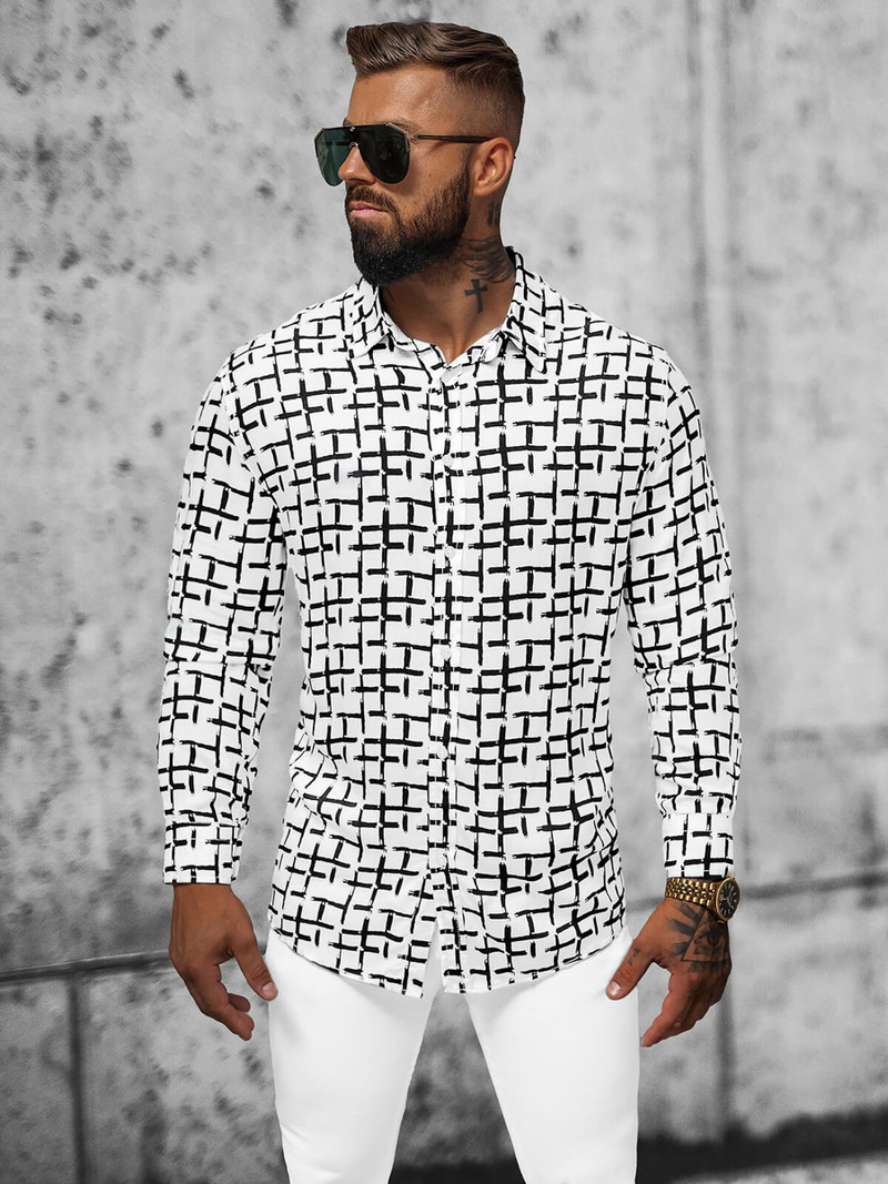 Koszula męska biało-czarna OZONEE E/9000/1Z