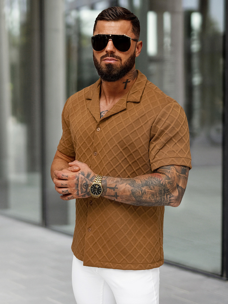 Koszula męska z krótkim rękawem brązowa OZONEE O/B2257