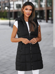 Kamizelka damska długa pikowana z kapturem czarna OZONEE JS/16M9096/392