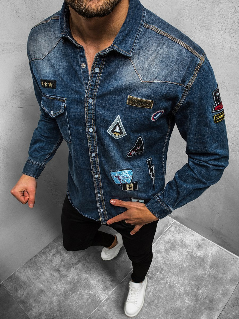 Koszula męska jeansowa ciemno-niebieska OZONEE O/5815Z