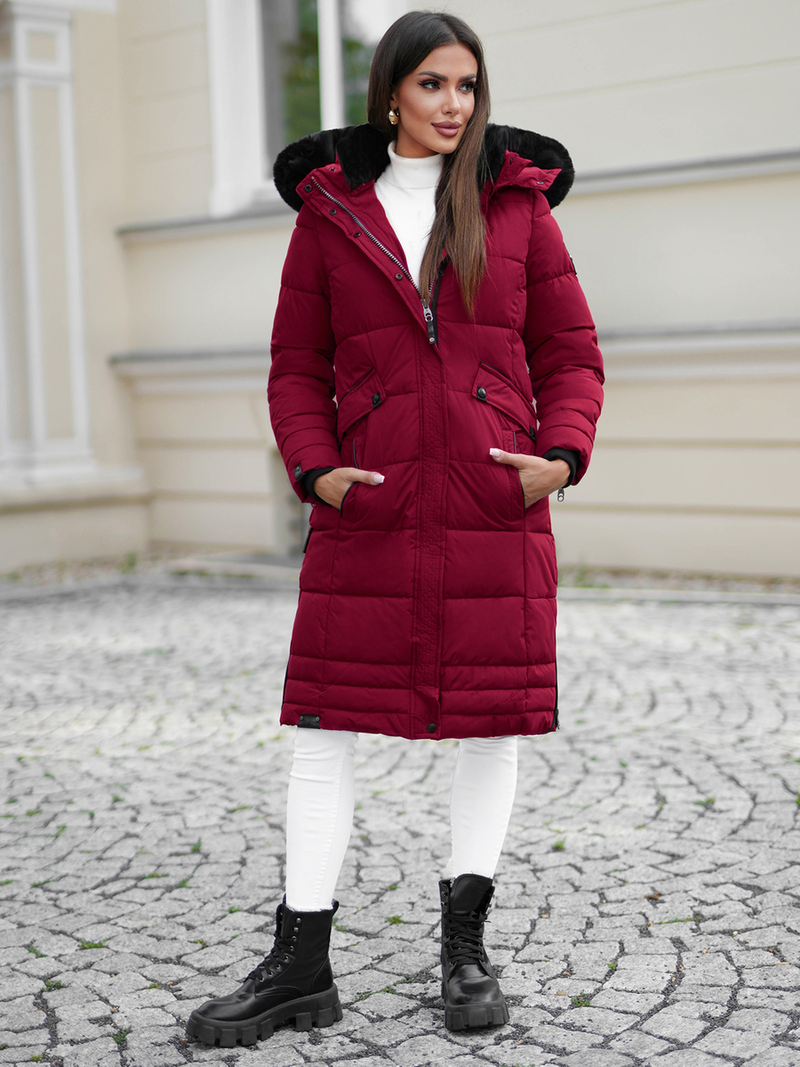 Kurtka zimowa damska długa pikowana bordowa OZONEE O/W377Z