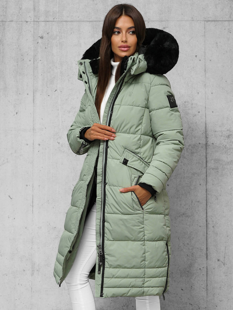 Kurtka zimowa damska długa pikowana miętowa OZONEE O/W377