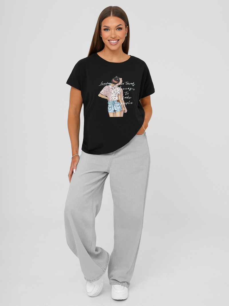 T-shirt damski z nadrukiem czarny OZONEE JS/95T2573/3