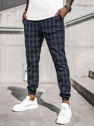 Spodnie męskie chino joggery w kratę granatowe OZONEE DJ/2288/22Z