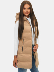 Kamizelka damska długa pikowana z kapturem beżowa OZONEE N/7046