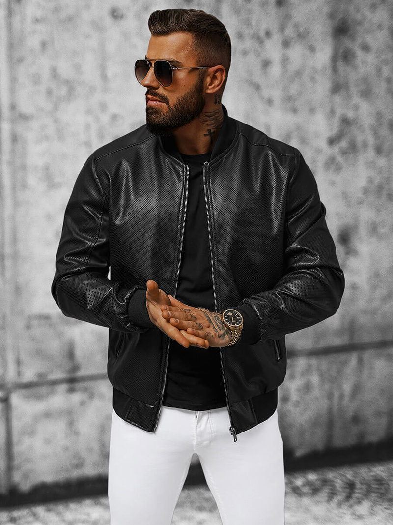 Чоловіча шкіряна куртка Чорна OZONEE N/7110/1