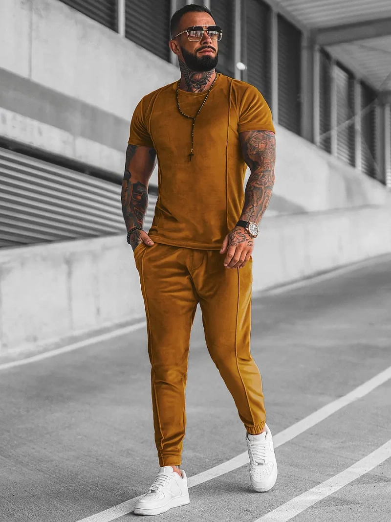 Komplet dresowy męski welurowy camelowy OZONEE O/12135