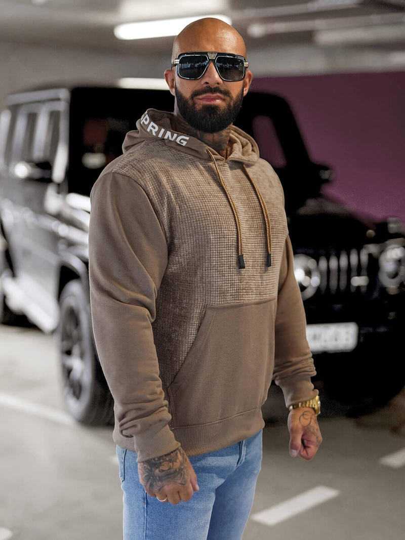 Bluza męska z kapturem ciemno-beżowa OZONEE O/3C505