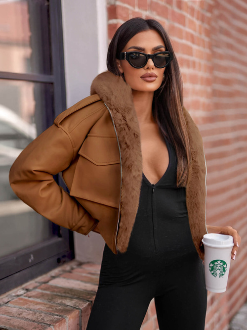 Жіноча шкіряна куртка kоричнева OZONEE O/G125