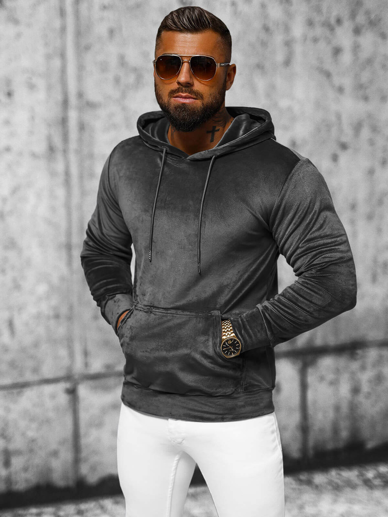 Bluza welurowa męska z kapturem grafitowa OZONEE JS/8B1170/6