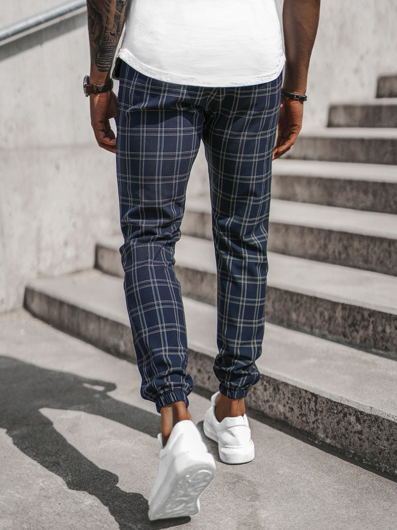 Spodnie męskie chino joggery w kratę granatowe OZONEE DJ/2288/22Z