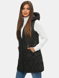 Kamizelka damska długa pikowana z kapturem czarna OZONEE O/H928/1