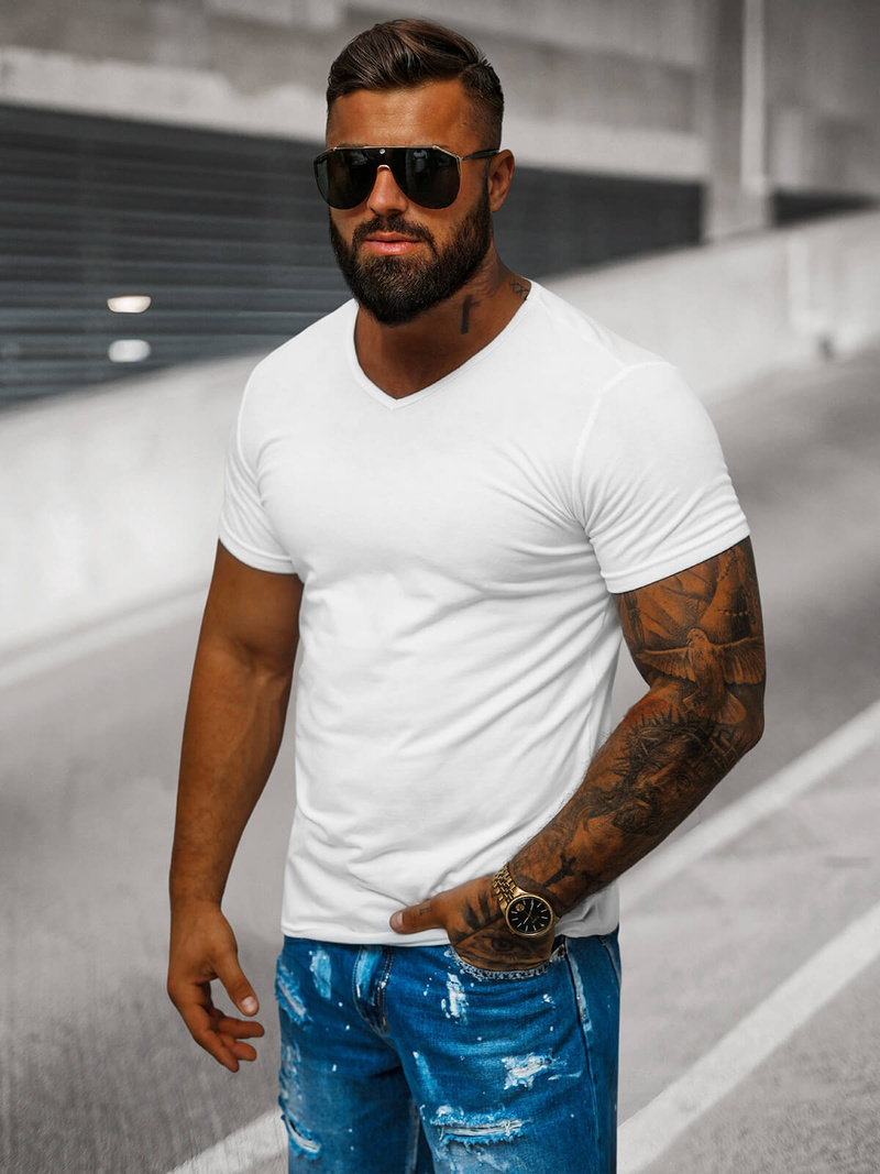 T-shirt męski bez nadruku biały OZONEE JS/712007Z