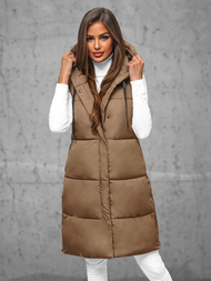 Kamizelka damska długa pikowana z kapturem ciemno-beżowa OZONEE JS/16M9093/62Z