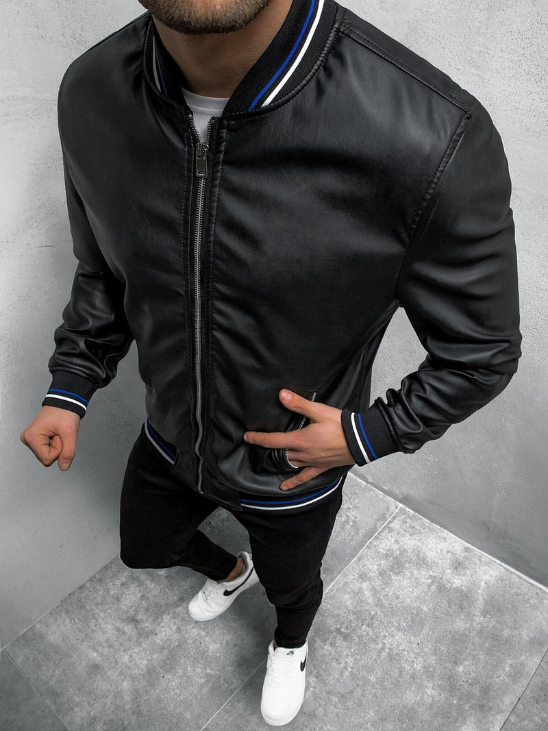 Kurtka przejściowa skórzana męska bomberka czarna OZONEE N/6707