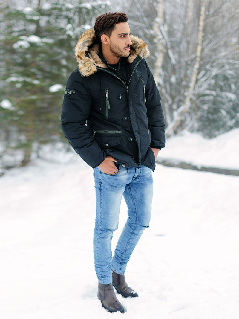 Kurtka zimowa męska parka z futerkiem czarna OZONEE JB/X1045KZ