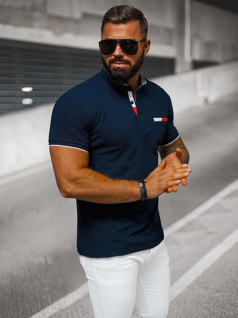 Koszulka męska polo ze stójka granatowa OZONEE O/DA711