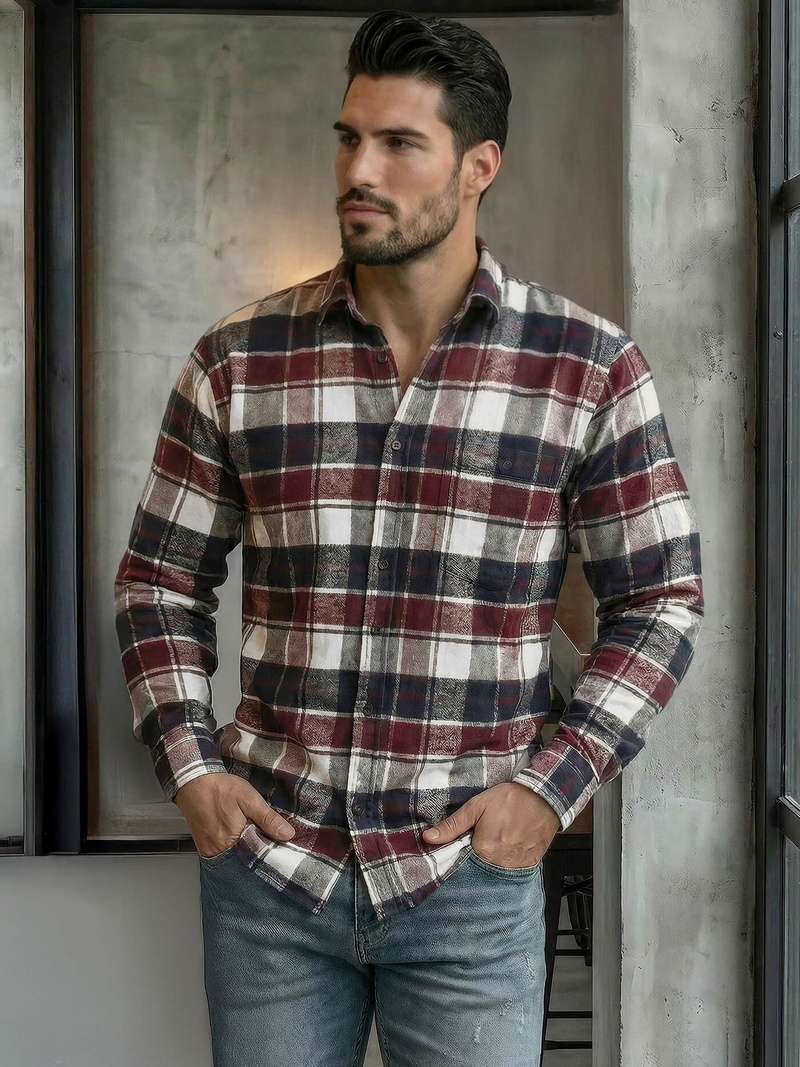 Koszula męska w kratę bordowa OZONEE V/V174Z