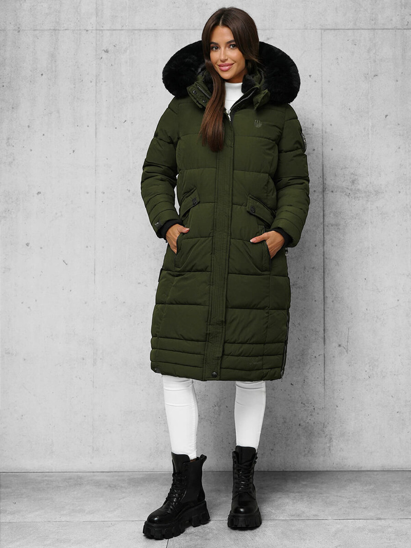 Kurtka zimowa damska długa pikowana khaki OZONEE O/W377