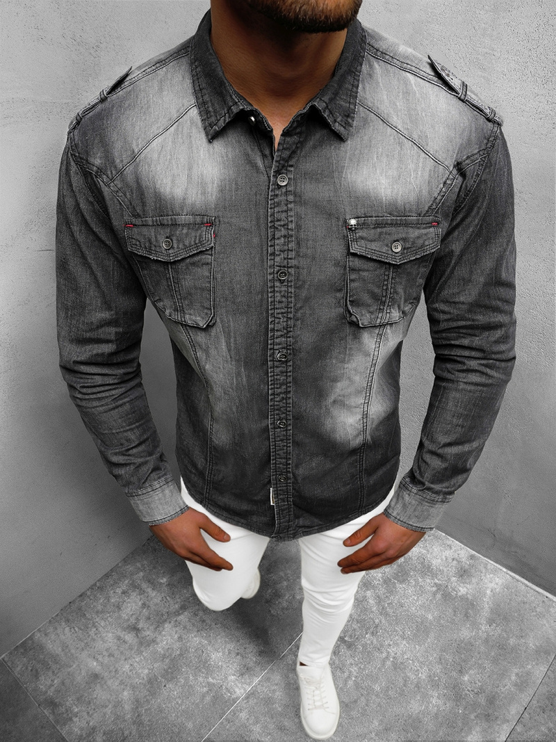 Koszula męska jeansowa czarna OZONEE NB/MC701N