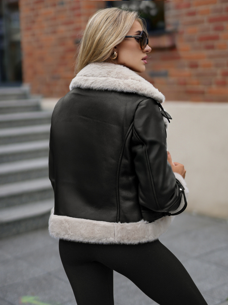 Kurtka ramoneska damska z futerkiem czarna OZONEE JS/11Z8230