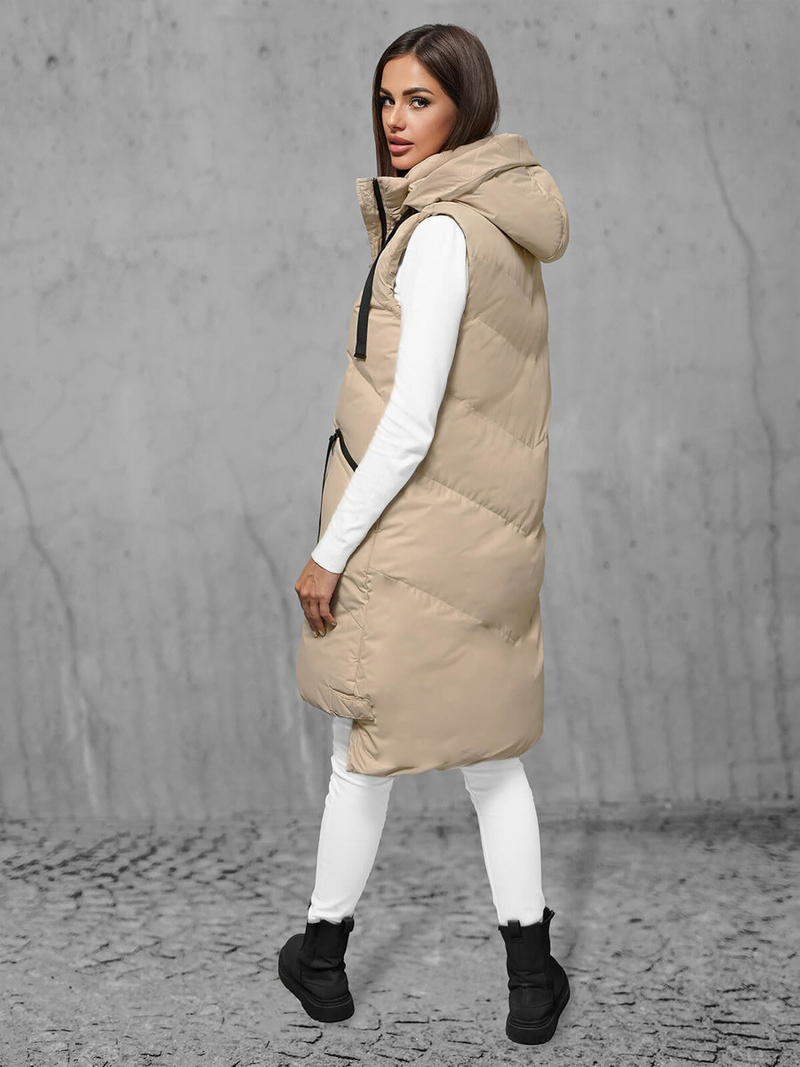 Kamizelka damska długa pikowana z kapturem beżowa OZONEE JS/M788/62Z