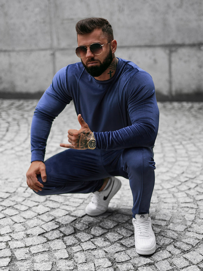 Komplet dresowy męski welurowy granatowy OZONEE O/12129