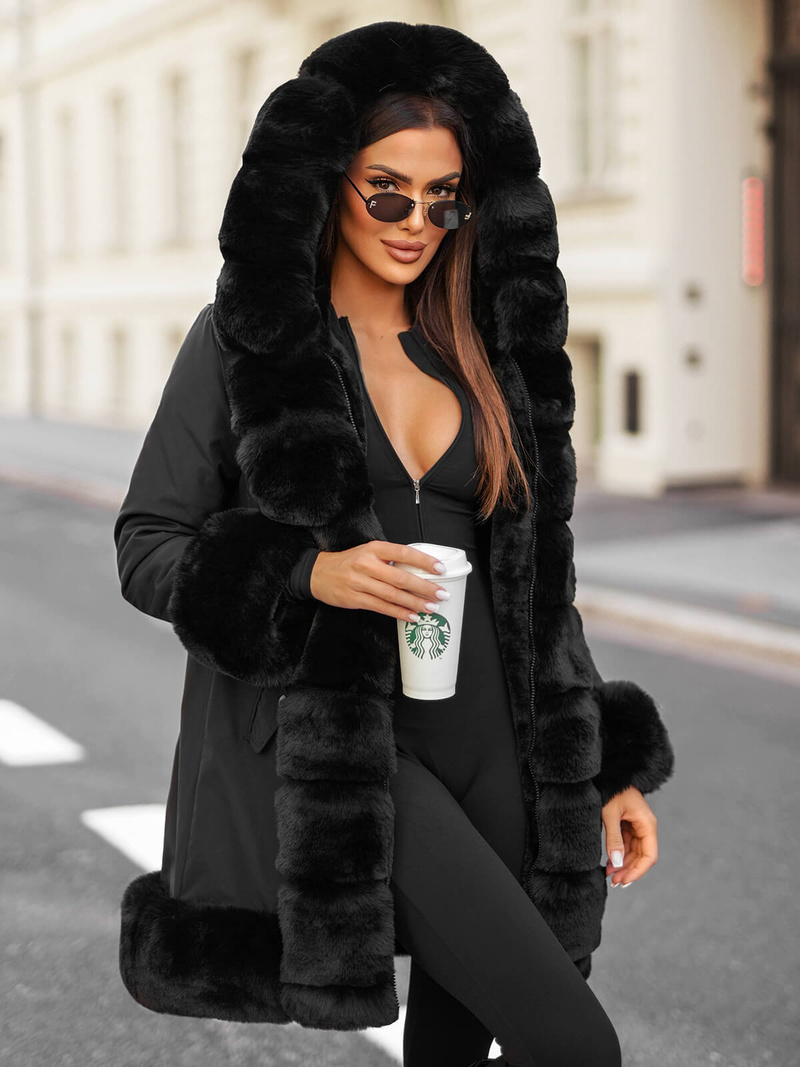 Kurtka zimowa damska długa z futerkiem czarna OZONEE JS/11Z8089Z