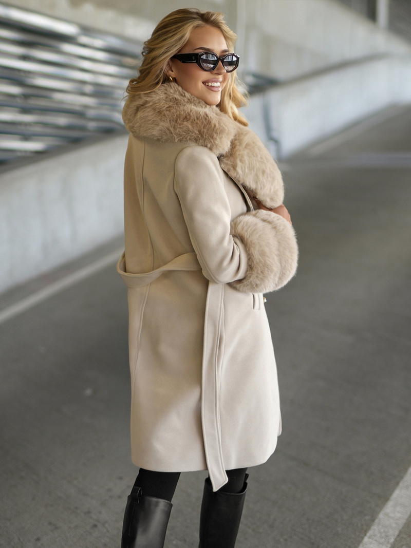 Płaszcz damski z futerkiem ecru OZONEE JS/61M8509/280