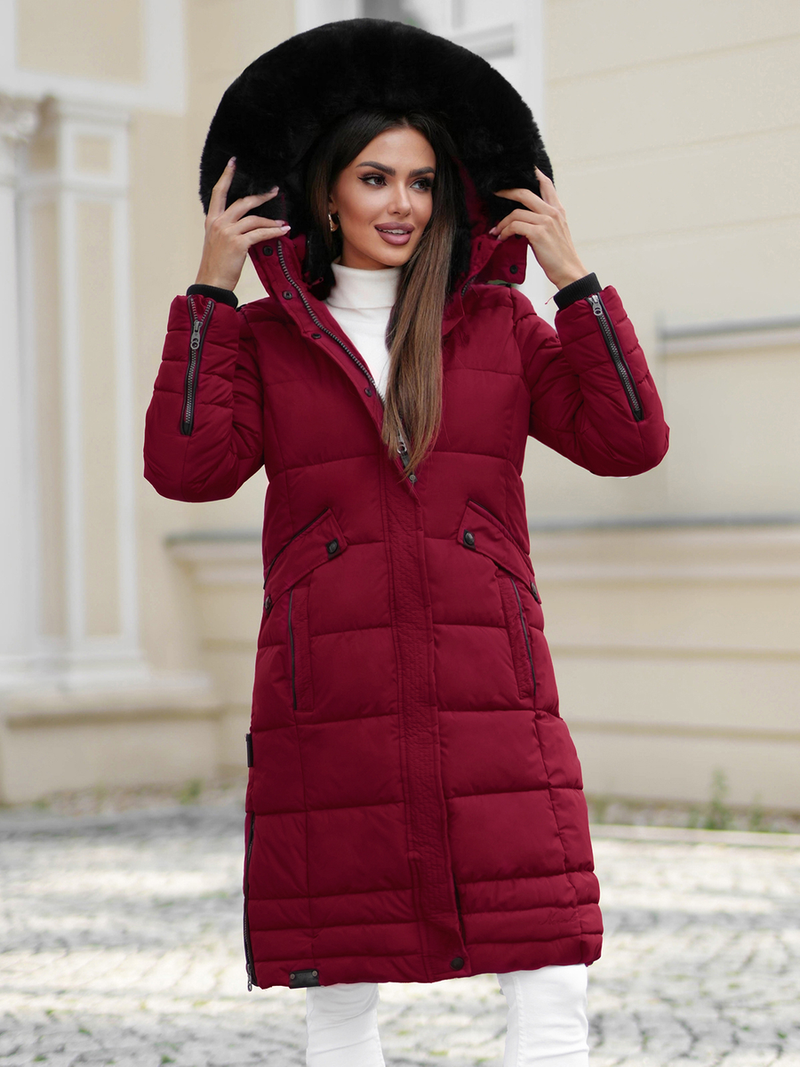 Kurtka zimowa damska długa pikowana bordowa OZONEE O/W377Z