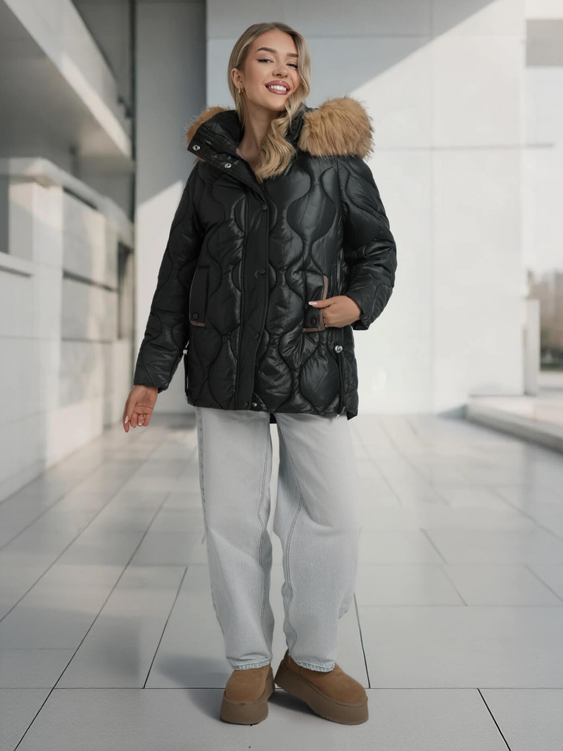 Kurtka zimowa damska z futerkiem czarna OZONEE O/5M3226/392Z