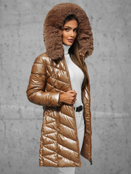 Kurtka zimowa damska długa z futerkiem camelowa OZONEE JS/16M9100/84