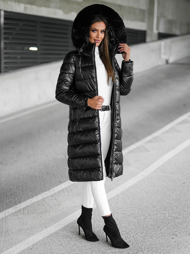 Kurtka zimowa damska długa z futerkiem czarna OZONEE JS/16M9127/392Z