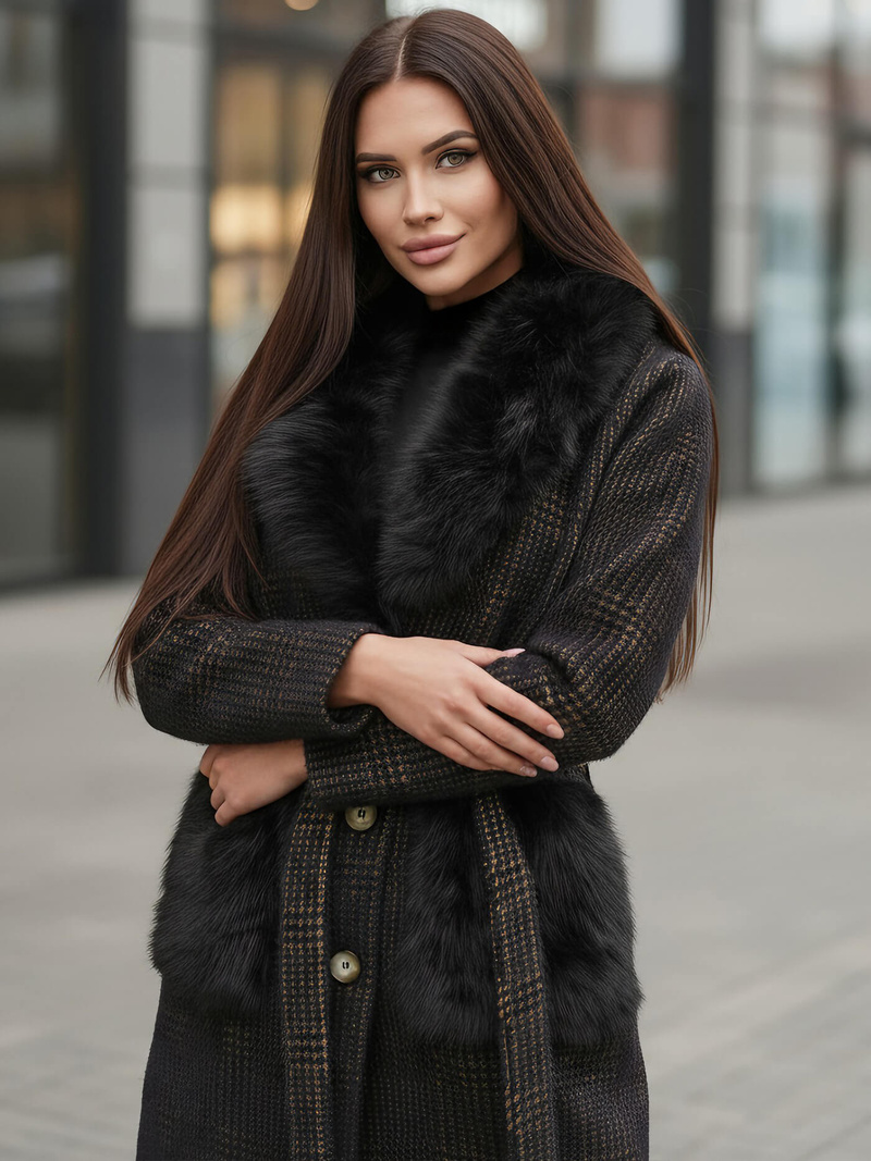 Płaszcz damski z futerkiem czarny OZONEE JS/53M5200/1Z