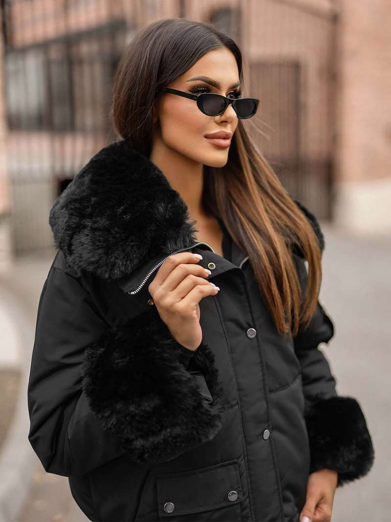 Kurtka zimowa damska z futerkiem czarna OZONEE O/H833